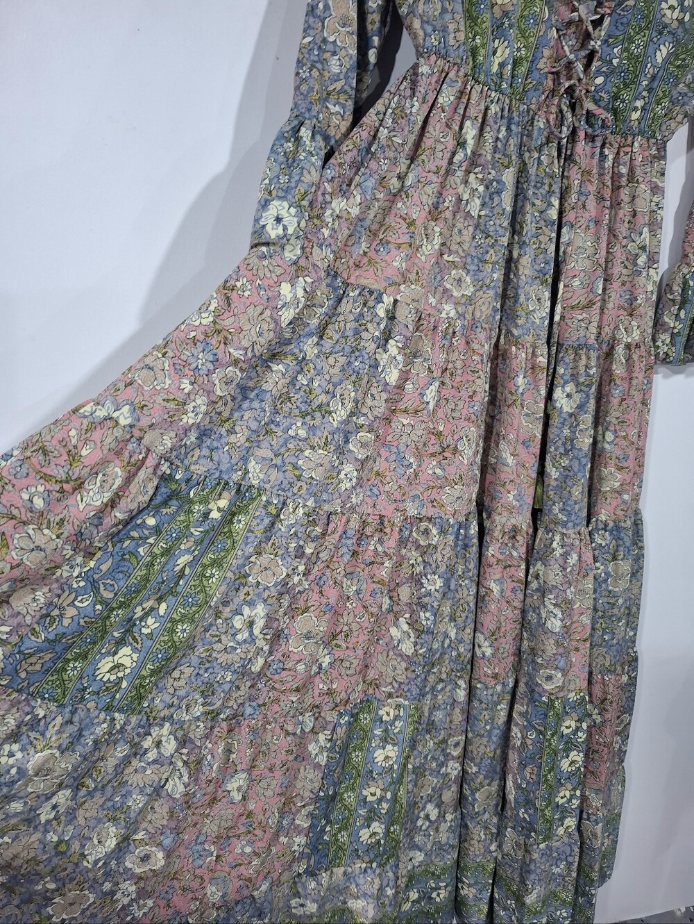 Boemo Lace-Up Tassel Maxi Dress Floral Multi Print S Cottagecore Paisant Layered - Picture 4 of 13